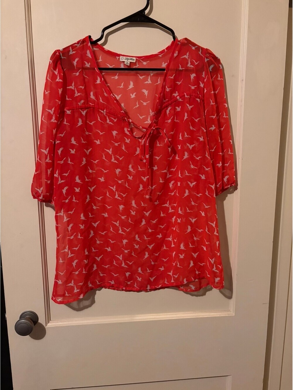Lily White Red bird print tie neck blouse Medium